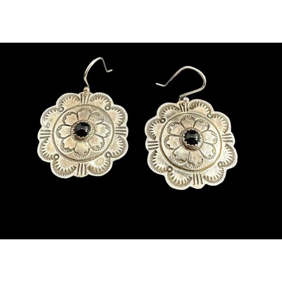 Navajo Etched Sterling Silver And Black Onyx Dangle Earrings Native American - Picture 1 of 7